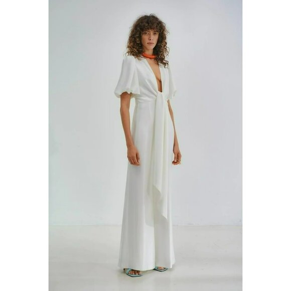 Galvan London Eden Deep V Wide Leg White Satin Bridal Jumpsuit Puff Sleeve Bride - Picture 5 of 16